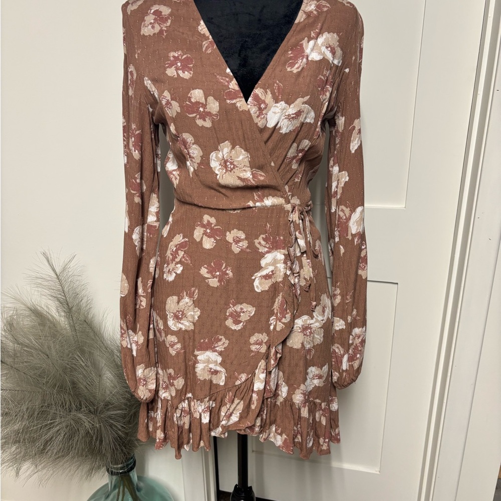 Altar'd State Floral Long Sleeve Dress - Brown and Cream